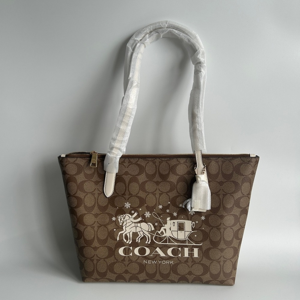 Coach Signature Sleigh Zip Tote Khaki Chalk Canvas Bag NEW